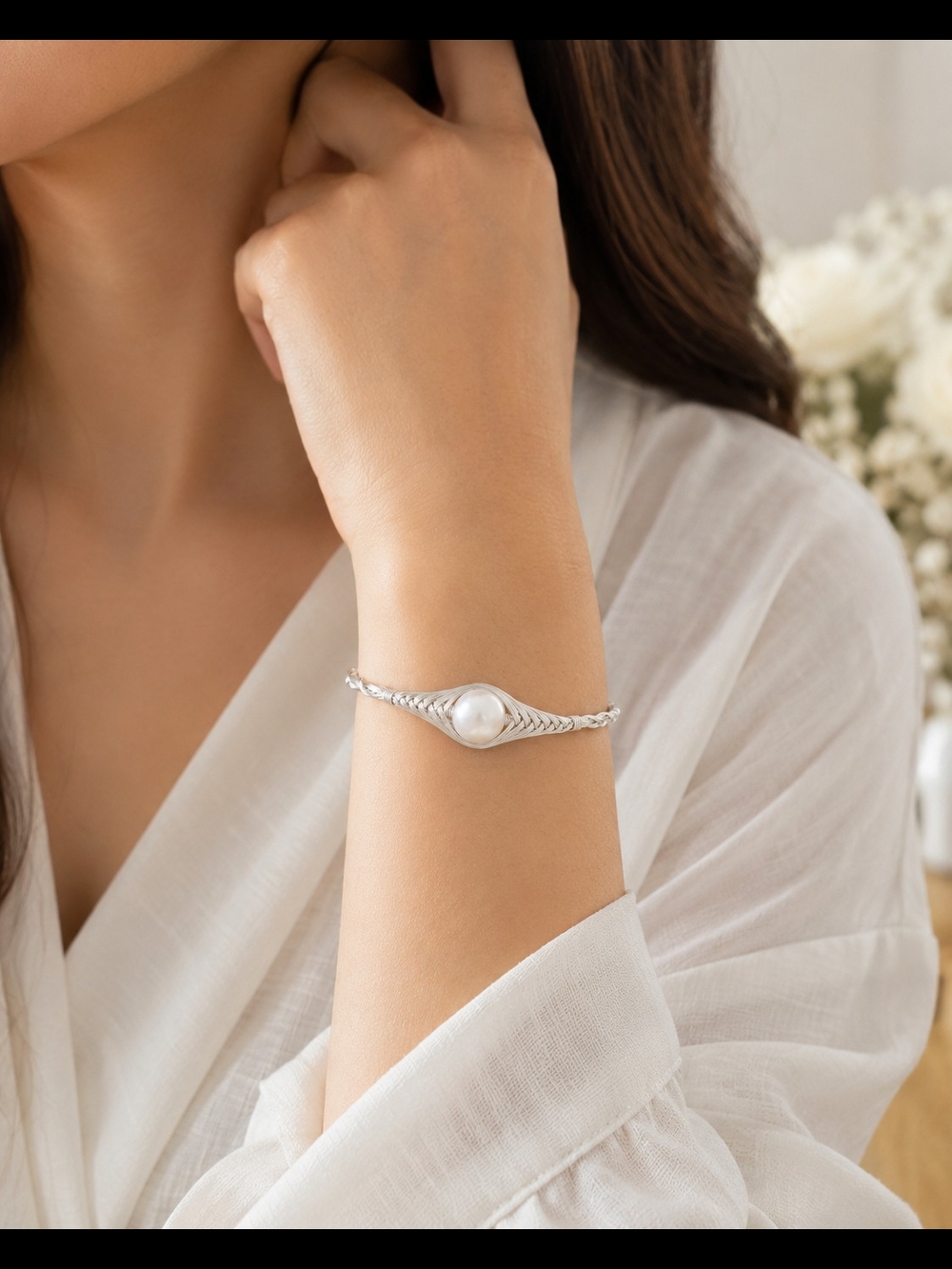 Handcrafted Cultured Freshwater Pearl Silver Wire Cuff Bracelet